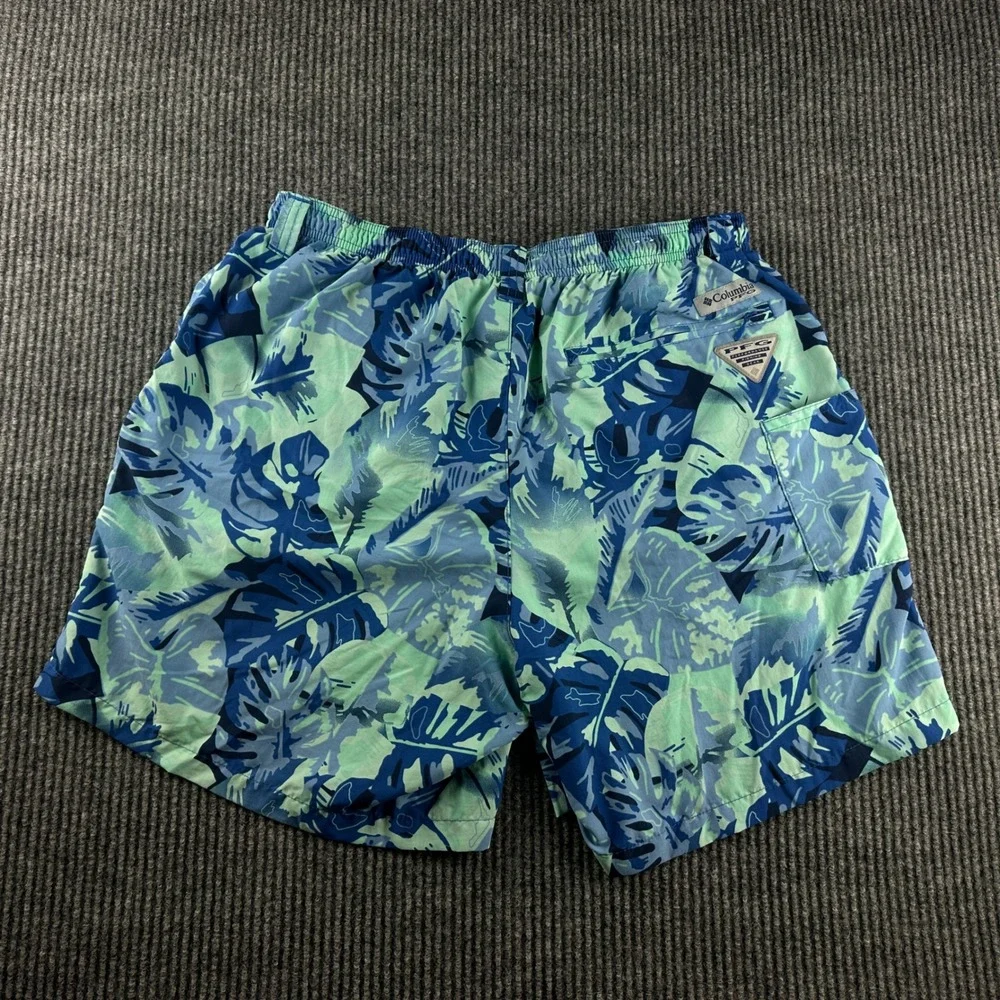 Columbia PFG Men M Blue Green Tropical Monstera Leaf Print Fishing Shorts XM4839